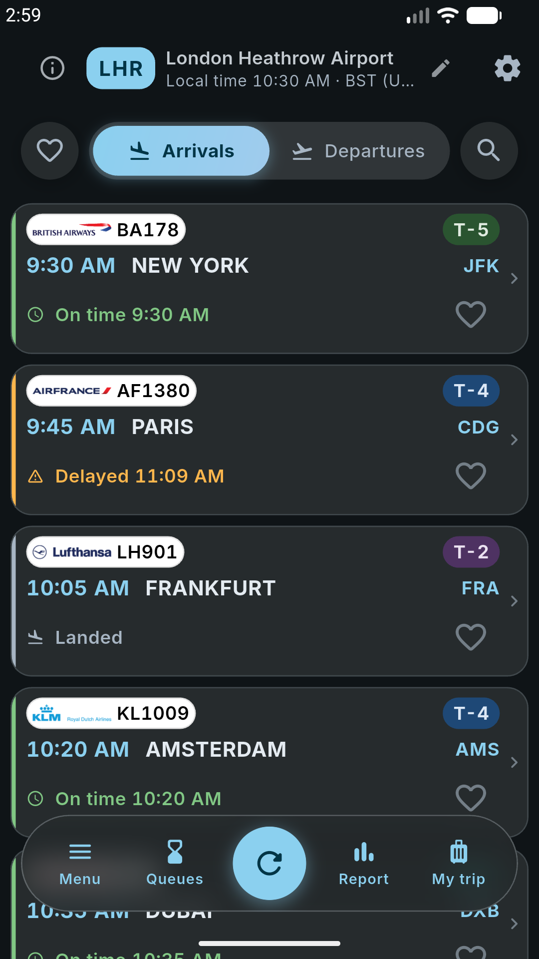 Live arrivals board at London Heathrow