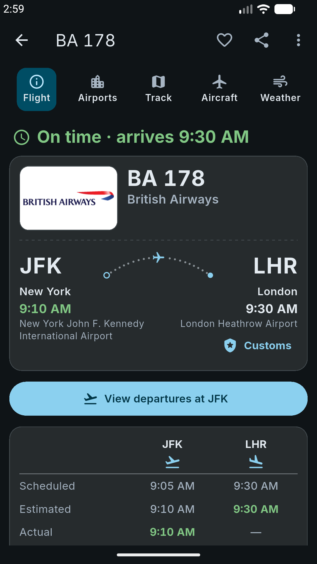 Flight details for BA 178 from New York