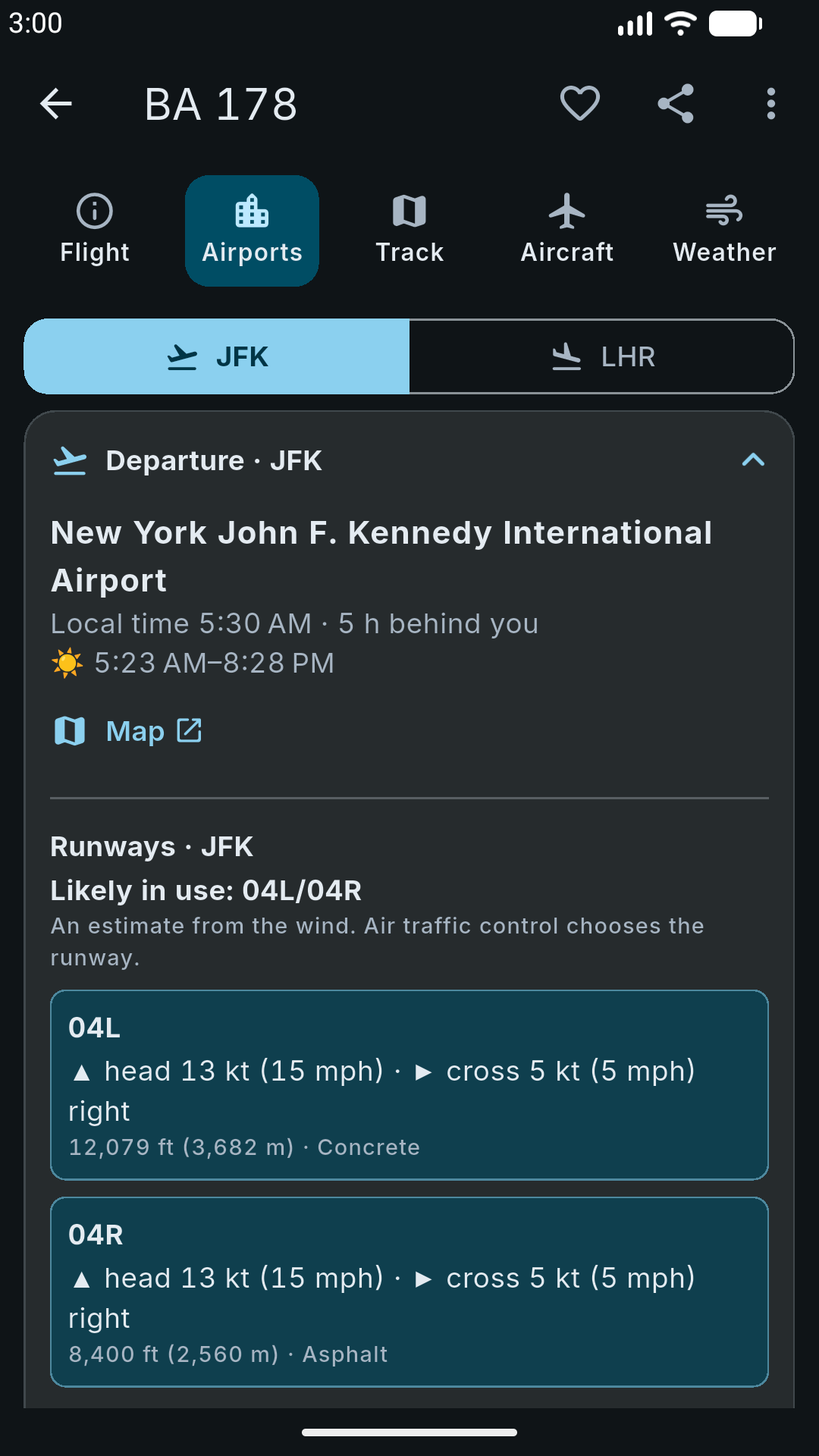 Runways and wind at the departure airport