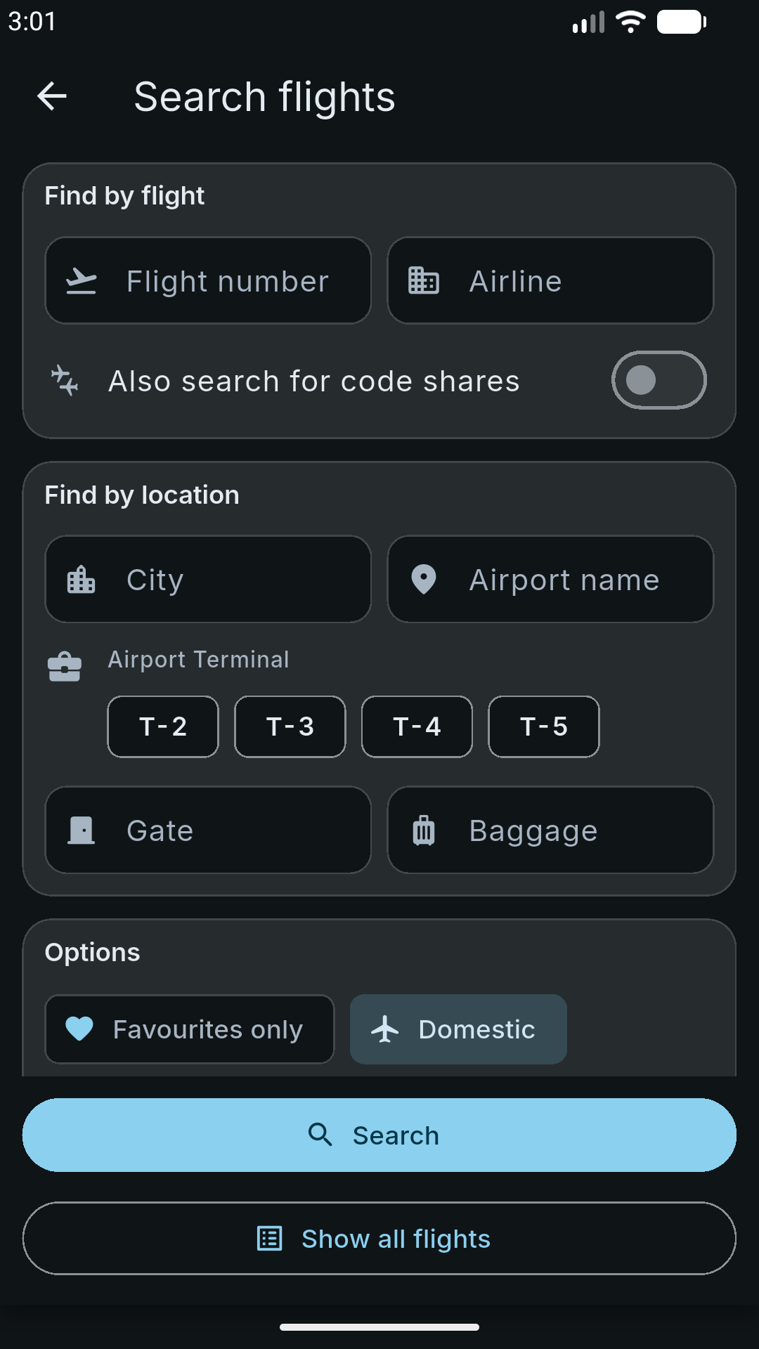 Search flights by number, airline, city or terminal